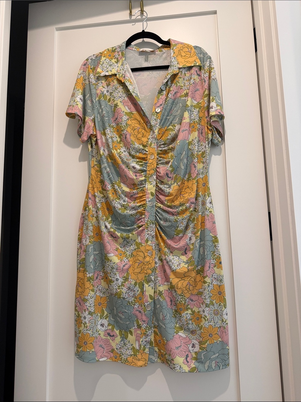 Wayf Floral Ruched Button-Front Dress in Yellow, Pink, Blue, Green